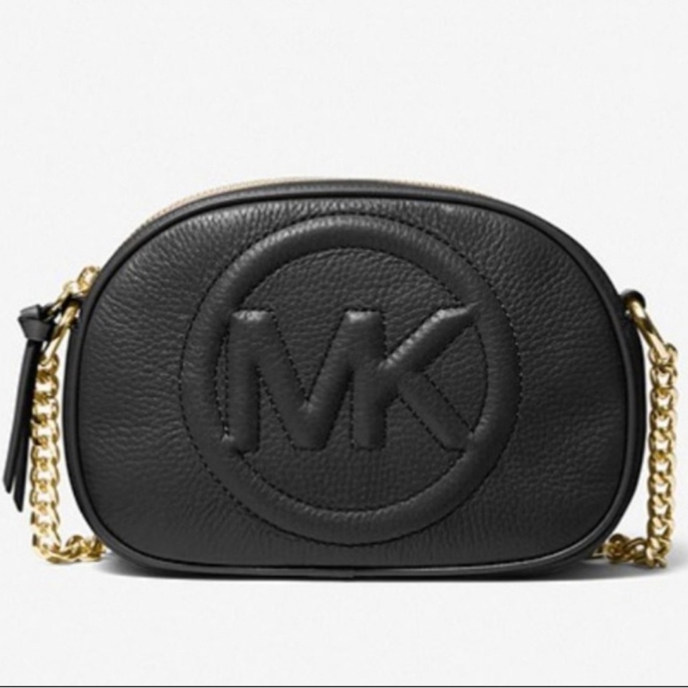 Black Large Michael Kors Logo Faux Leather Oval Crossbody